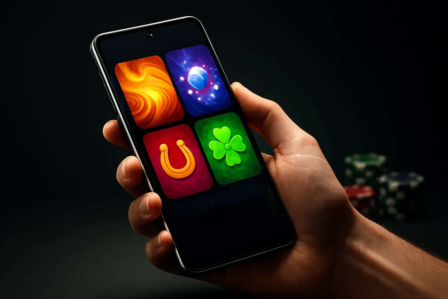 Hyperrealistic flagship Android smartphone showing premium casino app interface in hand