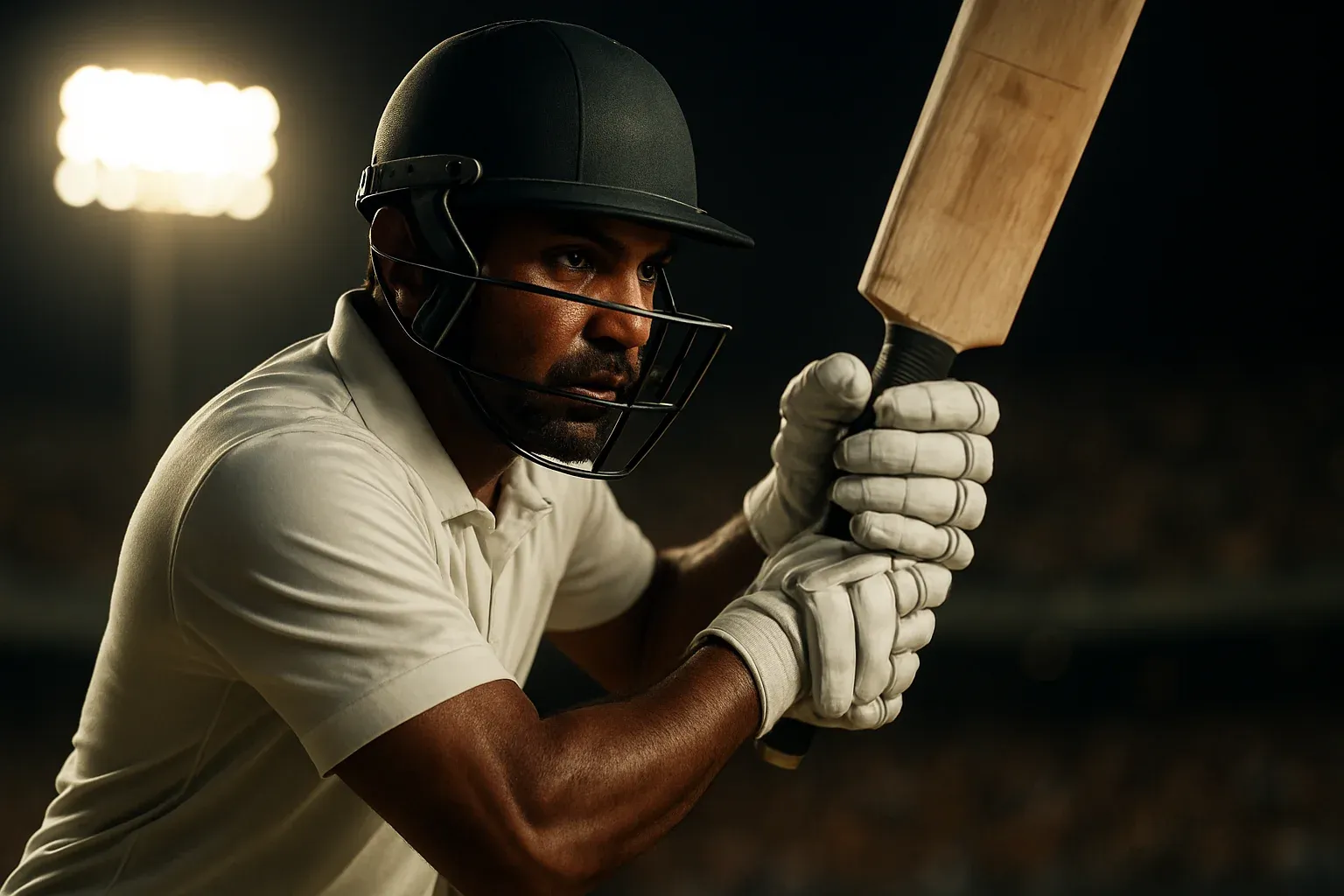 Hyperrealistic close-up of Bangladeshi cricket batsman swinging under stadium floodlights