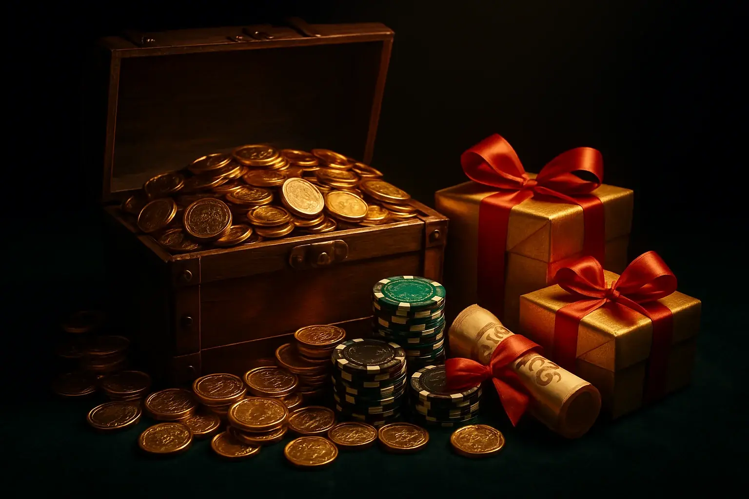 Overflowing treasure chest with gold coins, casino chips, bonus vouchers, gift boxes