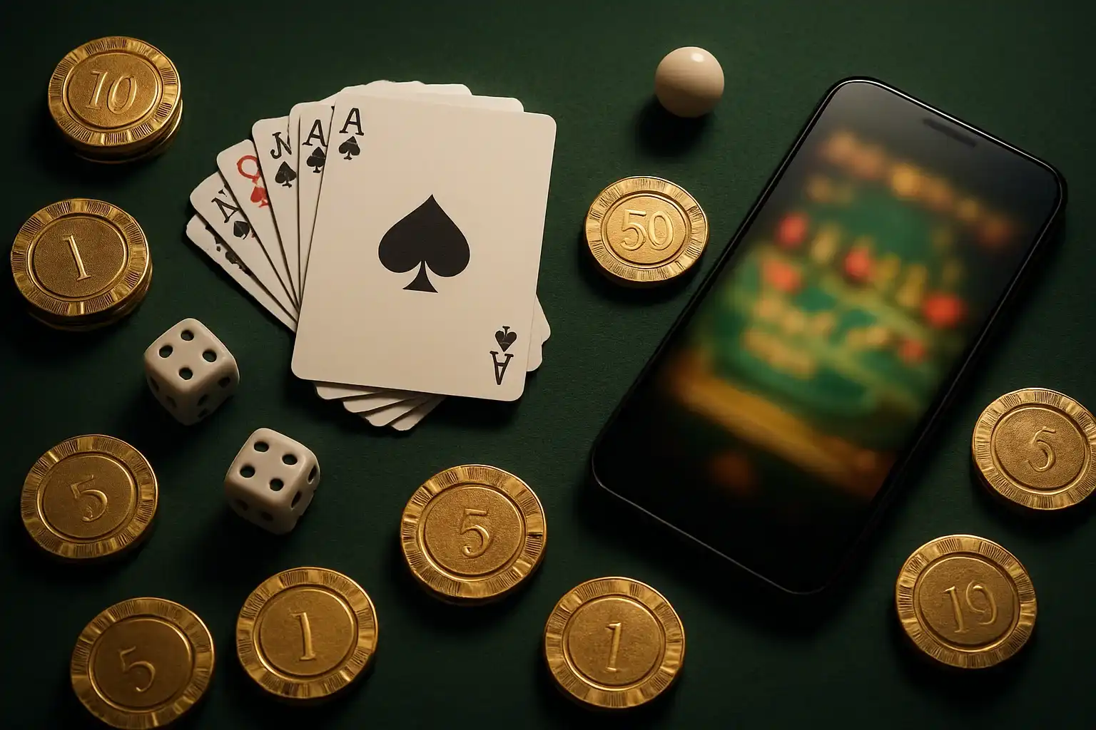 Top-down casino table with golden chips, cards, dice, roulette ball, smartphone