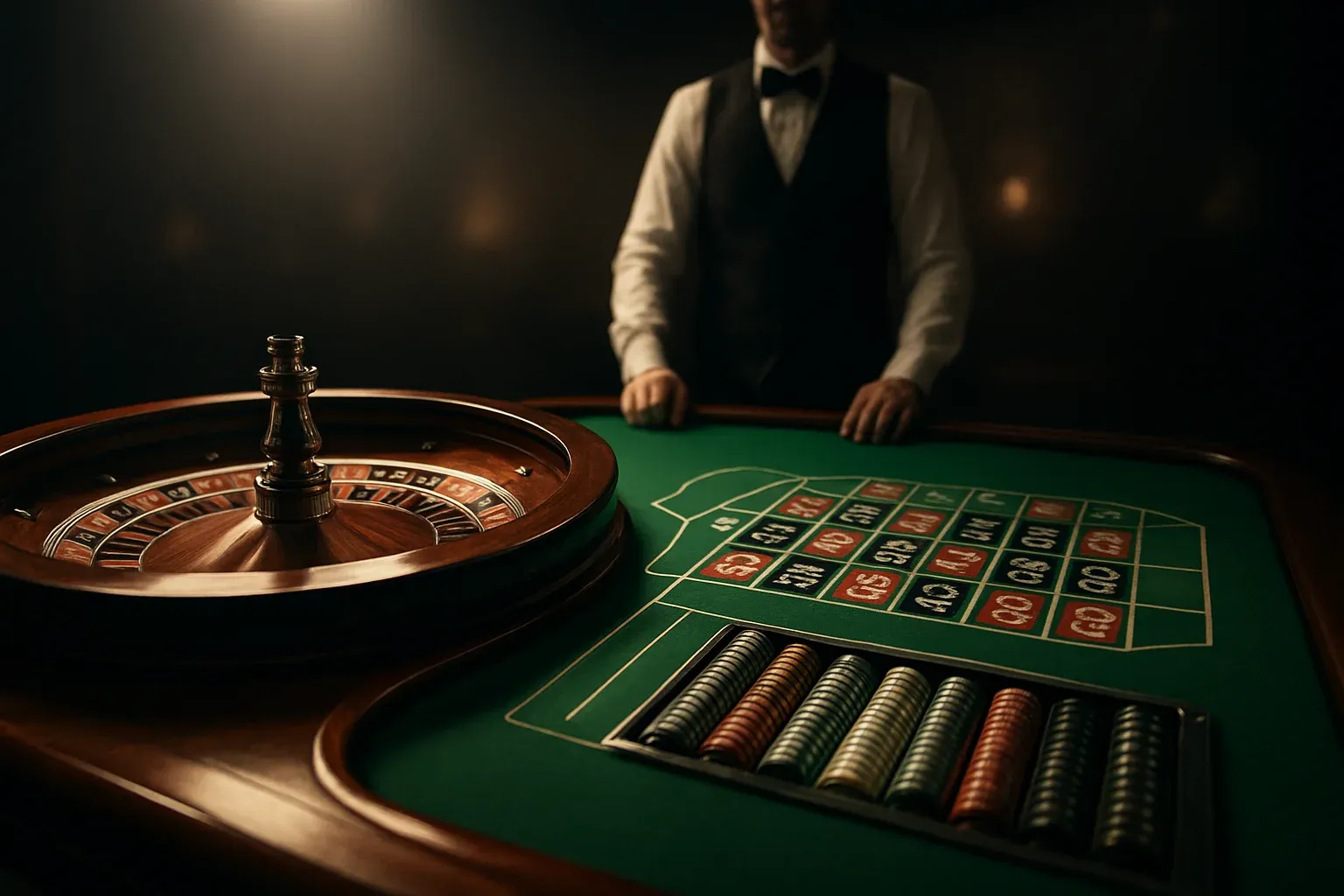 Hyperrealistic wide shot of empty roulette table in premium live casino studio