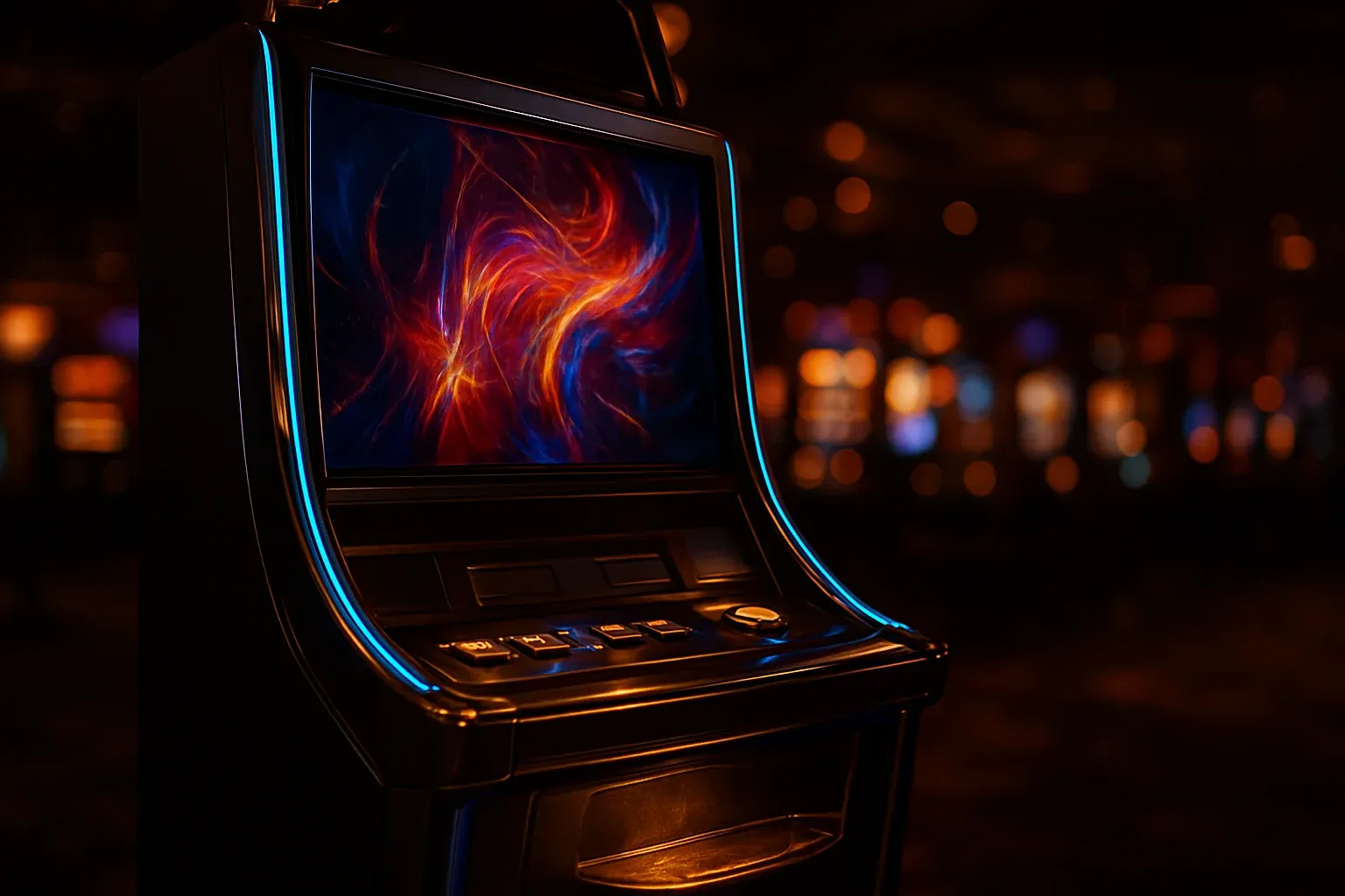 Hyperrealistic wide shot of premium slot machine in dark luxury casino